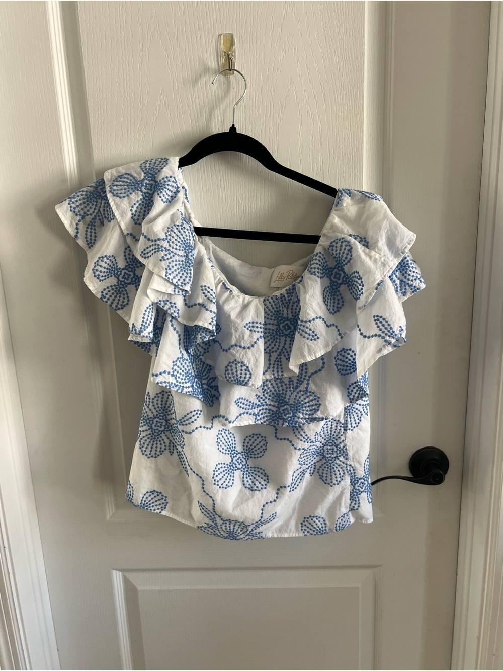 Lilly Pulitzer White One Shoulder Top with Blue Floral Ruffle Neckline